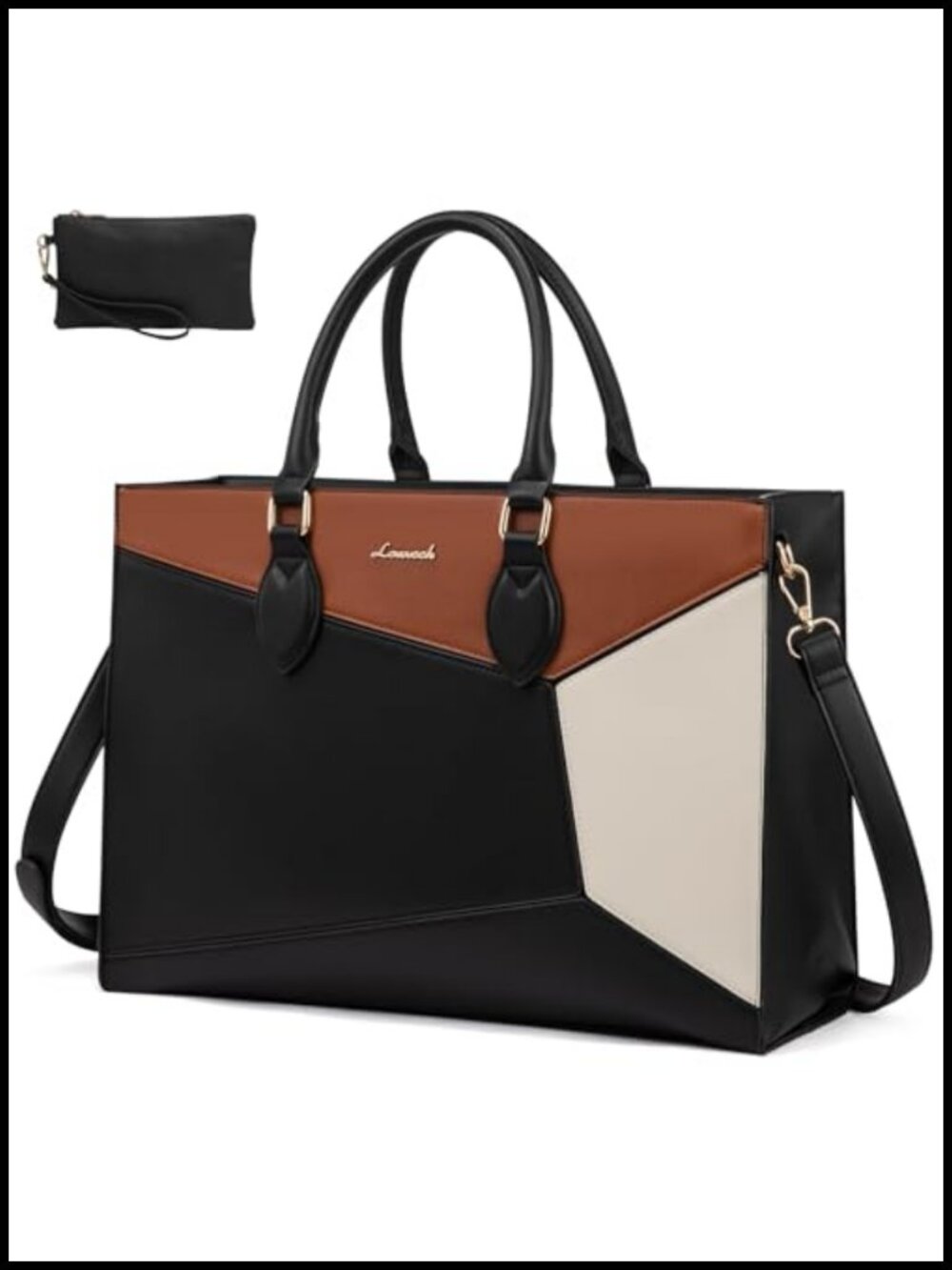 Water-Resistant PU Leather Laptop Tote Bag with Clutch Purse, Fits 15.6 inch